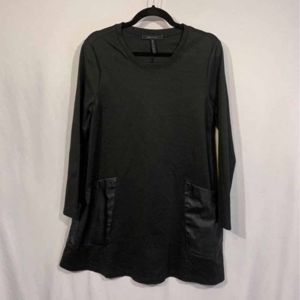 BCBG Womans Crew Neck A Line Dress. Long Sleeves. Large Faux Leather Pockets.